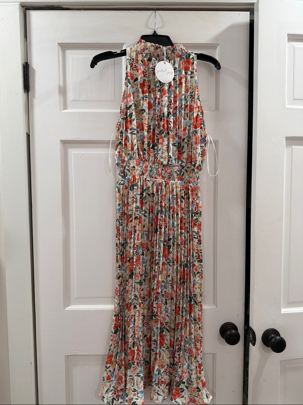 Petal & Pup Deanna Pleated Mock Neck Coral & Cream Floral Fall Midi Dress 6